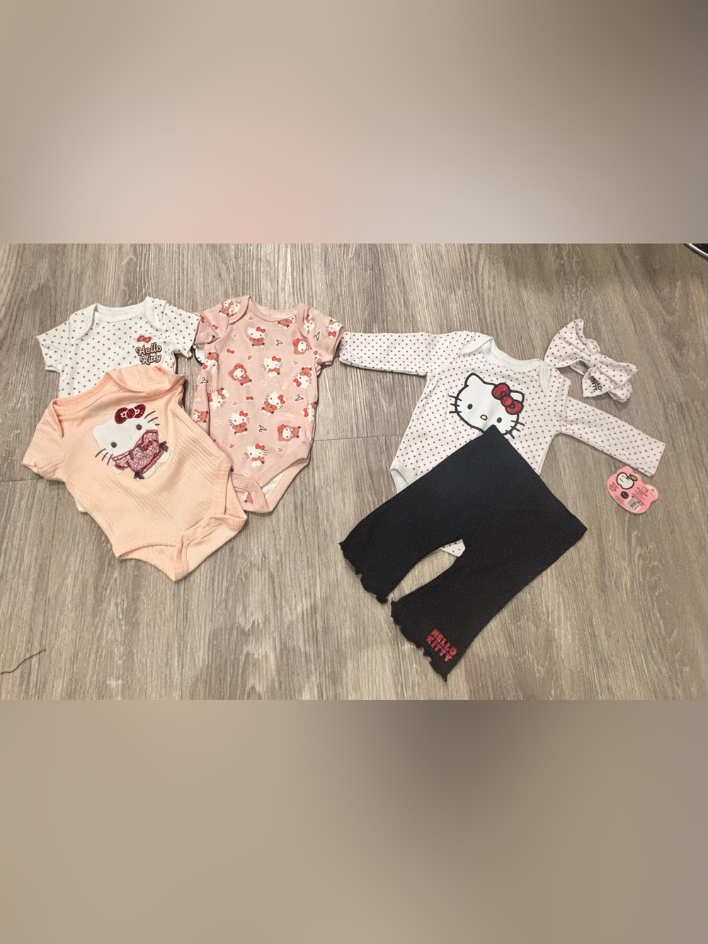 Hello Kitty Pink, Peach & White Baby Bodysuit Set with Black Pants $62 Value
